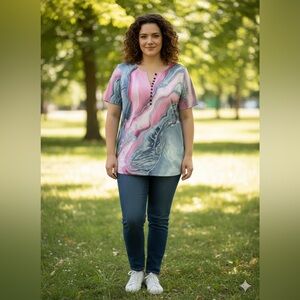 Fashion Says Me Too Women's Short Sleeve Colorful Print V-Neck Blouse, Size XXL